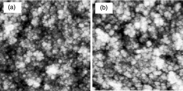 AFM images for the structures with copper composite (a) and cuprous oxide (b) on top. Number of completed layers is N = 20, deposition current is 1 mA cm−2. The size of the image is 1 µm × 1 µm.