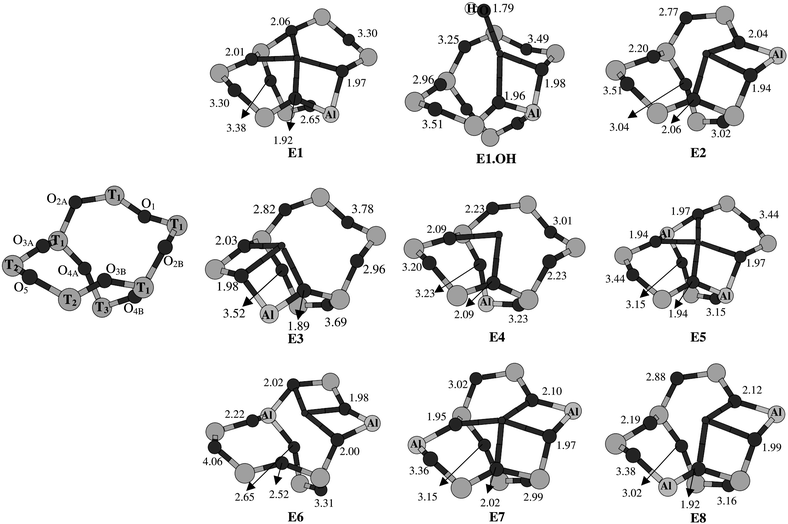 Labeling of the O- and T-atoms in site E, and coordination environments of Cu2+ in site E (clusters E1–E8, E1.OH). Cu–O distances are given in Å.