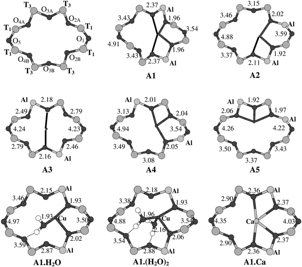 Labeling of the O- and T-atoms in site A, and coordination environments of Cu2+
(clusters A1–A5) and Ca2+
(cluster A1.Ca) in site A. Cu–O or Ca–O distances are given in Å. In clusters Al·(H2O) and Al·(H2O)2, one and two additional water molecules are adsorbed on Cu(II).