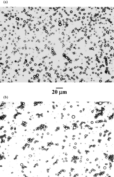 Optical micrograph of the emulsion at room temperature: before (a) and after (b) gelation.