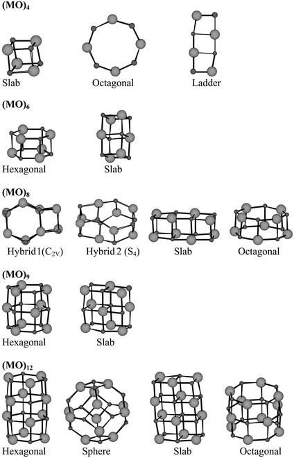 Schematic description of the (MO)n isomers, n = 4, 6, 8, 9, and 12 clusters considered in the present study.