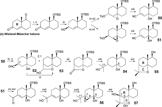 The Ducrot strategy for tetrahydrofuran ring-closure (2000). Reagents and yields: (i) NaBH4 [98%]; (ii) TBSCl, imidazole [92%]; (iii) DIBAL-H [97%]; (iv) (NO2)2C6H3CO2H, DEAD, PPh3; (v) K2CO3 [75%, 2 steps]; (vi) MCPBA [51%, 2 steps]; (vii) TsCl, Pyr [82%]; (viii) NaCN, HMPA [79%]; (ix) 10% Pd/C, H2 [80%]; (x) DIBAL-H [42%, total]; (xi) Al2O3 (basic) [100%]; (xii) Ag2CO3, Celite [72%]; (xiii) MeLi [68%]; (xiv) H2SO4, acetone [65%]; (xv) MeLi; (xvi) PPTS [75%, 2 steps]; (xvii) MeLi [80%]; (xviii) MCPBA [91%]; (xix) H2SO4 [39%].
