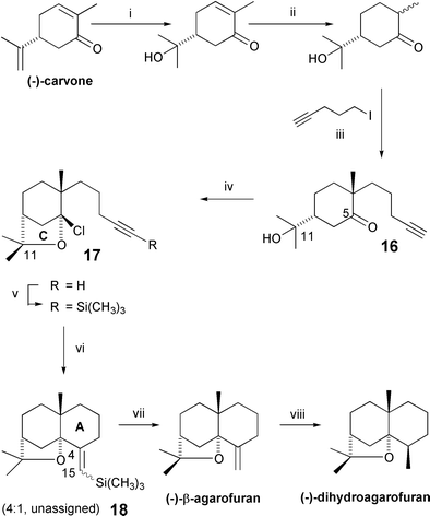 The Büchi synthesis of (−)-β-agarofuran (1979). Reagents and yields: (i) aq. H2SO4 [63%]; (ii) 10% Pd/C–H2 [93%]; (iii) KNH2 [41%]; (iv) PCl5 [71%]; (v) EtMgBr then TMSCl [98%]; (vi) AIBN, HSnBu3, hv [72%, total]; (vii) PTSA [92%]; (viii) hydrazine, H2O2 [92%].