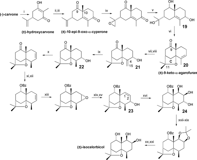 The Huffmann synthesis of (±)-isocelorbicol (1986). Reagents and yields: (i) KOH–H2O2 then HCl [60%]; (ii) EVK, KOH; (iii) PTSA [32%, 2 steps]; (iv) MCPBA; (v) LiAlH4; (vi) Jones’ reagent [47%, 3 steps]; (vii) MCPBA, NaHCO3 [70%]; (viii) LDA [72%]; (ix) NH2NH2, NaIO4, CuSO4, AcOH [90%]; (x) POCl3 [65%]; (xi) LiAlH4; (xii) BuLi then BzCl [93%, 2 steps]; (xiii) MCPBA [60%]; (xiv) (PhSe)2, NaBH4 [44%]; (xv) MCPBA, iPr2NH [87%]; (xvi) OsO4, Pyr [66%]; (xvii) 2,2-DMP, CSA [87%]; (xviii) NaH, imidazole then CS2 then MeI; (xix) nBu3SnH [82%, 2 steps]; (xx) Ba(OH)2; (xxi) HCl [86%, 2 steps].