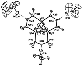 Molecular structure of 4. One trifluoromethanesulfonate anion placed above the Hg3 plane has been omitted for clarity, only the ipso carbon atoms of the dppa-bound phenyl groups are shown. The trifluoromethanesulfonate anion containing O(12A) was generated by a symmetry operation from the trifluoromethanesulfonate anion containing O(10).