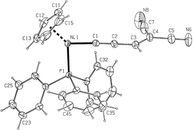 Molecular structure and atom labeling for [Ni(η5-C5H5)(PPh3)CCCHC(CN)2] 5. Displacement ellipsoids are drawn at the 30% probability level.