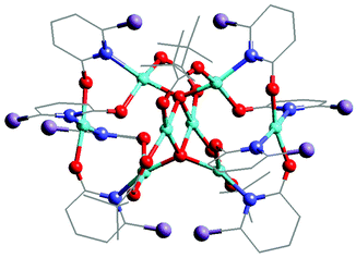 The structure of [Cu8O2(O2CMe)4(chp)8] 1 in the crystal. Colours: Cu, blue; O, red; N, dark blue; Cl, green. C-atoms shown as lines for clarity.