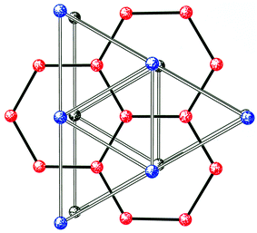 Three layers of the “parent” lattice based on an extended pentacapped centred trigonal prism. Bottom level, black; middle layer, red; top level, blue.