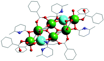 The structure of [Co6Cu2(OH)4(mhp)2(O2CPh)10(Hmhp)4(H2O)2] in the crystal. Colours as Fig. 17.