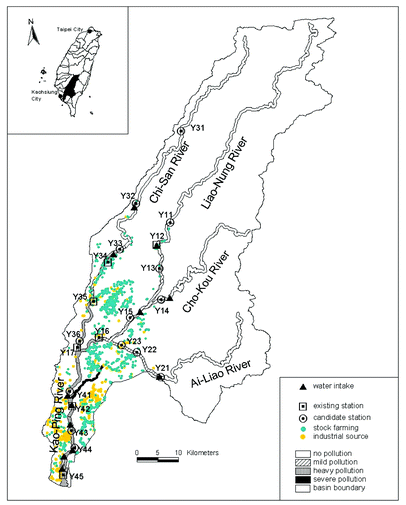 
          The candidate stations of the water quality monitoring network and the current situation in the Kao-Ping River Basin, Taiwan.
        