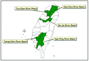 
            The five river basins in Taiwan selected for questionnaire investigation in preference weights analysis.
          