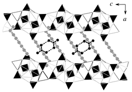 
            The layered structure of [Zn3(PO4)2(HPO4)]·H3N(CH2)6NH3·H3BO3
(I) as viewed down the b axis. Zincophosphate layers are represented as corner-sharing ZnO4
(white) and PO4/PO3(OH) tetrahedra (black). Gray spheres represent C and N atoms of organic dications. Black spheres represent B and O atoms of boric acid dimers, the hydrogen bonds of which are indicated by dashed lines.
          