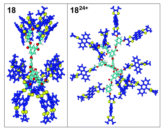 Molecular model of 18
(left view) and 1824+
(right view) along the plane of the benzene ring. Colour codes are the same as Fig. 6.