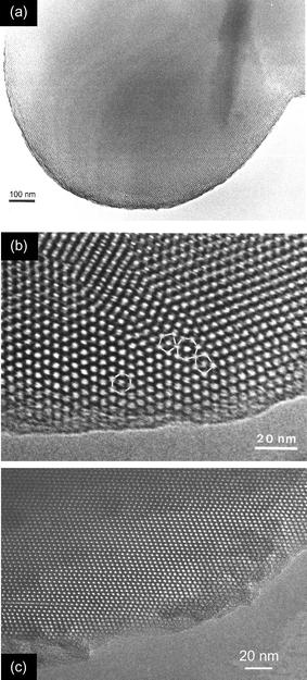 
          Transmission electron micrographs of small spherical particles: (a) shows a single rounded particle, (b) is an underfocus high resolution micrograph of a region showing stacking faults within domains and defects at the domain boundary (5-, 6- and 7-member nearest neighbour ‘rings’ are highlighted) and (c) is of a particle with a single orientation of one set of close packed planes, but with stacking faults in an otherwise cubic array.
        