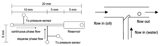 
          Schematic of the microchannel (left) and principle of droplet formation at a T-junction (right).
        