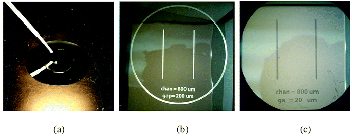 
            A small amount of construction material is applied to a silicon substrate (a). A photomask is placed on top of the fluid and exposed to UV light (b). The mask is peeled off, and the substrate is flushed with methanol and allowed to air dry (c).
          