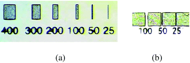 
          Line widths of 25 μm (a) and feature spacing of 25 μm (b) were successfully fabricated.
        
