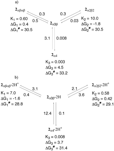 Schematic representation of the atropoisomerisation of 2 in toluene at 110 °C in the absence (a) and presence (b) of TFA, summarising the calculated rate constants ki, equilibrium constants Ki, relative differences ΔGi and free energies of activation ΔGi≠.