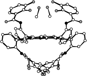 Crystal structure of the 1αβαβ atropoisomer. MeOH molecules bridging the catechol units through H bonds are represented. H atoms are not shown for the sake of clarity.