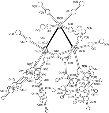 Molecular structure of [Os3(CO)8{µ-η3-ONCPh(NC5H4)}{µ-η2-N(H)CHPh(NC5H4)}]
4 and the atom numbering scheme.