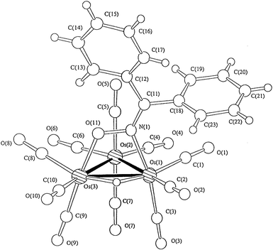 Molecular structure of [Os3(µ-H)(CO)10{µ-η2-ONCPh2}]
5 and the atom numbering scheme.