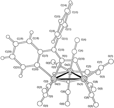 Molecular structure of [Os3(µ-H)2(CO)9{µ-η3-ONCPh(C6H4)}]
6 and the atom numbering scheme.