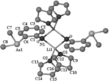 Molecular structure of the centrosymmetric dimer of [{Li(η1-NASH)(thf)2}2]
(1). Selected bond lengths [Å] and angles [°]; Li(1)–O(1) 1.944(16), Li(1)–O(2) 1.960(17), Li(1)–N(1) 2.073(14), Li(1)–N(1)#1 2.054(17), Li(1)–Li(1)#1 2.54(3); C(6)–As(1)–C(7) 102.7(13), C(6)–As(1)–C(8) 104.1(9), C(7)–As(1)–C(8) 86.0(14), O(1)–Li(1)–N(1) 115.5(7), O(1)–Li(1)–N(1)#1 108.9(8),
O(1)–Li(1)–O(2) 104.7(8), O(2)–Li(1)–N(1) 105.6(7), O(2)–Li(1)–N(1)#1 118.5(7), Li(1)–N(1)–Li(1)#1 75.9(7). Symmetry transformations used to generate equivalent atoms: #1 −x + 2, −y + 2, −z + 1.
