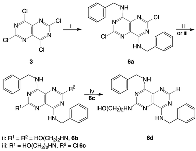 Conversion of 2,4,6,8-tetrachloropyrimido[5,4-d]pyrimidine 3 (TCPP) into 6a–6d. Reagents and conditions: (i) 4 equiv. benzylamine, THF, rt, 20 min; (ii) ethanolamine, 120 °C 12 h; (iii) 64 equiv. ethanolamine, THF, 75 °C, 6 h; (iv) 3.9 equiv. KOH, H2, 30–40 psi, 10% Pd/C, THF, 20 h.