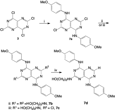 Conversion of TCPP into 7a–d. Reagents and conditions: (i) 2.1 equiv. 4-methoxyaniline, 2.4 equiv. K2CO3, THF, rt, 20 min; (ii) ethanolamine, 100 °C, 12 h; (iii) 146 equiv. ethanolamine, THF, 65 °C, 6 h; (iv) 4.6 equiv. KOH, H2, 30–40 psi, 10% Pd/C, THF, 7 days.