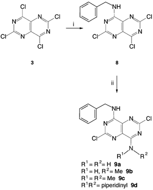 Conversion of TCPP into 8 as an intermediate in the synthesis of 9a–d. Reagents and conditions: (i) 1.14 equiv. benzylamine, K2CO3, THF, −78 °C, 15 min; (ii) excess R1R2NH , THF, 0 °C, 40 min.