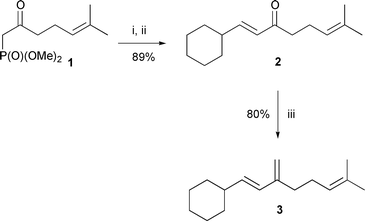Synthesis of triene 3: i, NaH, DME, 0 °C; ii, cyclohexanecarbaldehyde, 70 °C; iii, MePPh3+Br−, BuLi, THF, 50 °C.