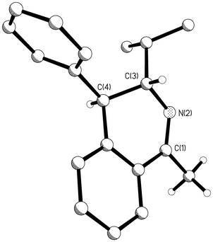 Ball and stick drawing of the molecular structure of 12 in the solid state showing the relative configuration between the substituents at C(3) and C(4) of the dihydroisoquinoline product after Bischler–Napieralski cyclisation of 8.