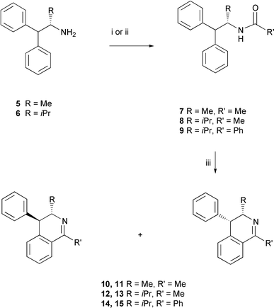
          Reagents and conditions: (i) AcCl, Et3N, CH2Cl2, 12 h, 25 °C, 93–94%; (ii) benzoyl chloride, Et3N, CH2Cl2 12 h, 25 °C, 94%; (iii) POCl3, P2O5, toluene, 29–60%.
