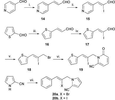 Reagents and conditions: i. Ph3PCHCHO (14, 83%); ii. ICl, Et3N, CH2Cl2 (15, <5%); iii. MeCHO, NaOH, EtOH, H2O (16, 49%); iv. ICl, Et3N, CH2Cl2 (17, 80%); v. NaBH4, CeCl3, MeOH; (93%); CBr4, resin-PPh3, MeCN; vi. 11, NaH, LiCl, DME, DMF (19, 21%, 18 not purified); vii. KOH, DMF, 8a and 8b (20a, 87%
from 8a), (20b, 96% from 8b).