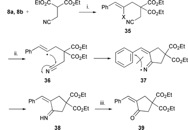 Reagents and conditions: i. diisopropyl azodicarboxylate, Ph3P, dioxane, rt, 70 h; 31 (97%); ii. Bu3SnH, AMBN, cyclohexane, 4 h, reflux; iii. water in the work-up (39, 32%) (a, X = Br; b, X = I).