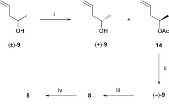 
          Reagents and conditions: (i) CALB (10% by weight), isopropenyl acetate (solvent), 25 °C, 1 h; (ii) CALB (10% by weight), aqueous phosphate buffer (pH 7.6), 25 °C, 16 h; (iii) (MeO)2P(O)CH2CO2Me (1 mol equiv.), DMAP (12 mol equiv.), toluene, 111 °C, 6.5 h; (iv) NaH (1.0 mol equiv.), THF, 0–18 °C, 2 h then compound 6 (0.83 mol equiv.), 0–18 °C, 1.5 h.