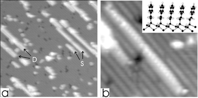 (a) An STM image (350 Å2, −3.3 V, 10 pA) of an Si(100)–H surface with a dilute concentration of single Si dangling bonds after exposure to 200 L of styrene. Examples of single (S) and double lines (D) are indicated. (b) A molecularly resolved STM image (90 Å2, −2.2 V, 470 pA) of a single styrene line. The features in the line are spaced by ∼3.8 Å. The inset depicts a possible conformation of a 5 molecule chain of adsorbed styrene molecules, each of which is covalently bound to a single Si dimer (from ref. 35).