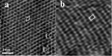 Atomically resolved STM image (5 × 5 nm2) of (a) the 1 × 1 Si(111)–H surface and (b) the Si(111)–C6H4Br surface formed by the electrochemical reduction of 4-bromobenzenediazonium tetrafluoroborate showing the 2 × 1 structure of the organic film (images courtesy of P. Allongue, ref. 53). The unit cells are shown in each image.