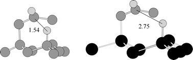 Comparison of a 1,5-hydrogen atom abstraction in a carbon framework compared to a silicon surface. The distances are in ångström. The silicon atoms are black, the carbon atoms are gray and the hydrogen atoms light gray.