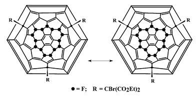 Schlegel resonance structures for C60F15[CBr(CO2Et)2]3 (1) showing the delocalised [18]annulene equatorial belt.