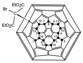Schlegel diagram of the structure of C60F17CBr(CO2Et)2 (3); fluorine atom (●) identities were deduced from the 2D 19F NMR spectrum (Fig. 9).