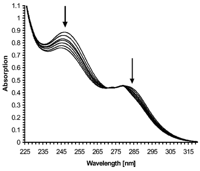 Changes in the absorption spectra of the receptor 3 upon addition of sodium acetate (selected spectra from the 0–0.5 M range) to a solution of 3 in 50 ∶ 50 H2O–MeOH solution, and in the presence of 0.1 M TMACl, at pH 7.4.