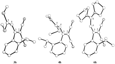 Molecular structures of the butadienes 3h, 4h and 6h (without H atoms).