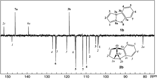 
            13C NMR spectrum of a mixture of pyrazolotriazole 1b and triazasemibullvalene 2b (obtained from the former by 365 nm photolysis) in CD2Cl2 at −80 °C. Bold labels refer to C-atoms of 1b, italic labels to those of 2b (atom numbering indicated on inset structures). Assignments were made on the basis of 2D-HETCOR, NOE and undecoupled 13C spectra (not shown).