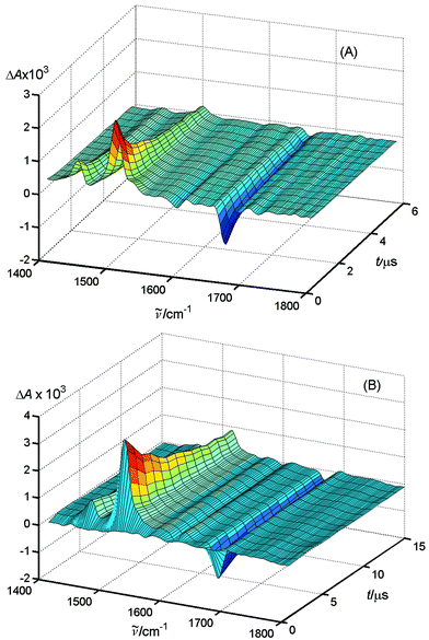 Time-resolved FTIR spectra of MeNQ + DABCO (0.01 M) (A) without and (B) with 0.25 M LiClO4 in CD3CN.