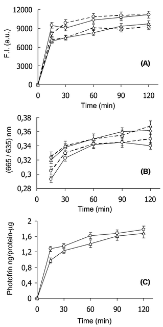 Time course of (A) the appearance of Photofrin® intracellular 635 nm fluorescence in A2780 (○) and A2780/Dx (Δ) cells, and of (B) (665/635) nm ratio values; (——) untreated and Vp-treated () cells. For each experimental set the ratio value is obtained as the mean of the ratio values calculated from single spectra at each experimental time. Each point of the curves is the mean of three independent experiments. SE ≤ 5% for fluorescence intensity measurements; SE ≤ 3% for ratio values. (C) Time course of the intracellular overall amount of Photofrin® per protein content in A2780 (○) and A2780/Dx (Δ) cells. Error bars show the range of the measured values.