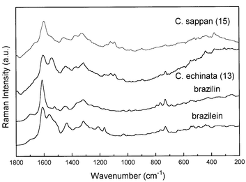 Comparison between the FT-Raman spectra of Caesalpinia echinata Lam. (specimen 15, Table 2), Caesalpinia sappan L. (specimen 13) and the pure compounds brazilin and brazilein, extracted from Caesalpinia echinata Lam.7