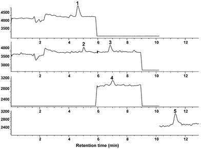 SIM chromatogram of a plasma sample at 2 ng ml−1 of a five catechins mixture: 1, EGC; 2, C; 3, EGCG; 4, EC; 5, ECG.