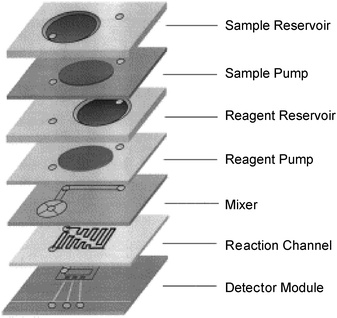 A stacked micromachined flow system for adsorptive stripping monitoring of trace metals. (Reprinted from J. Wang et al., Anal. Chim. Acta, 1999, 385, 429. By permission of Elsevier Science.)