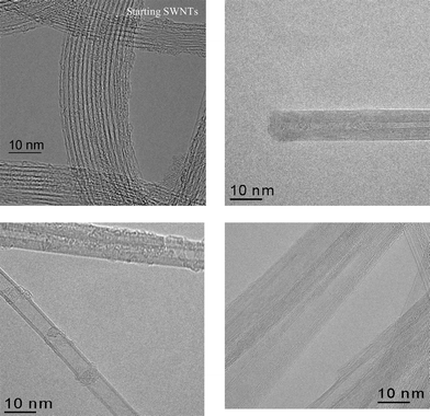 High resolution TEM micrographs of typical SWCNT templates (upper left panel) and of three multiwalled boron nitride nanotubes after reaction.